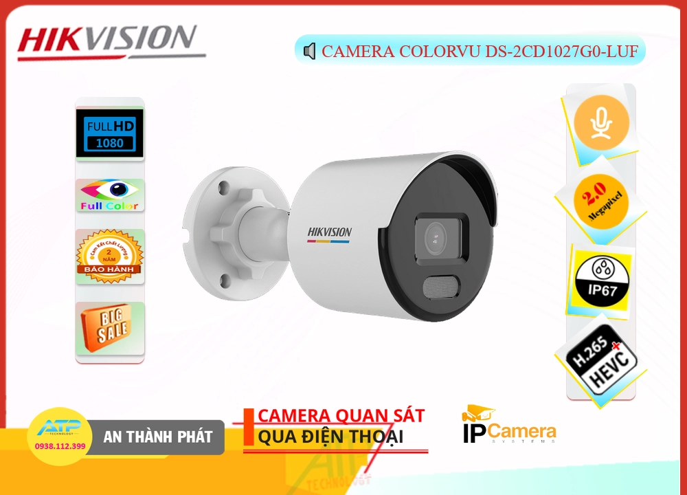 Camera DS-2CD1027G0-LUF Full Color,Giá DS-2CD1027G0-LUF,DS-2CD1027G0-LUF Giá Khuyến Mãi,bán DS-2CD1027G0-LUF, HD IP
